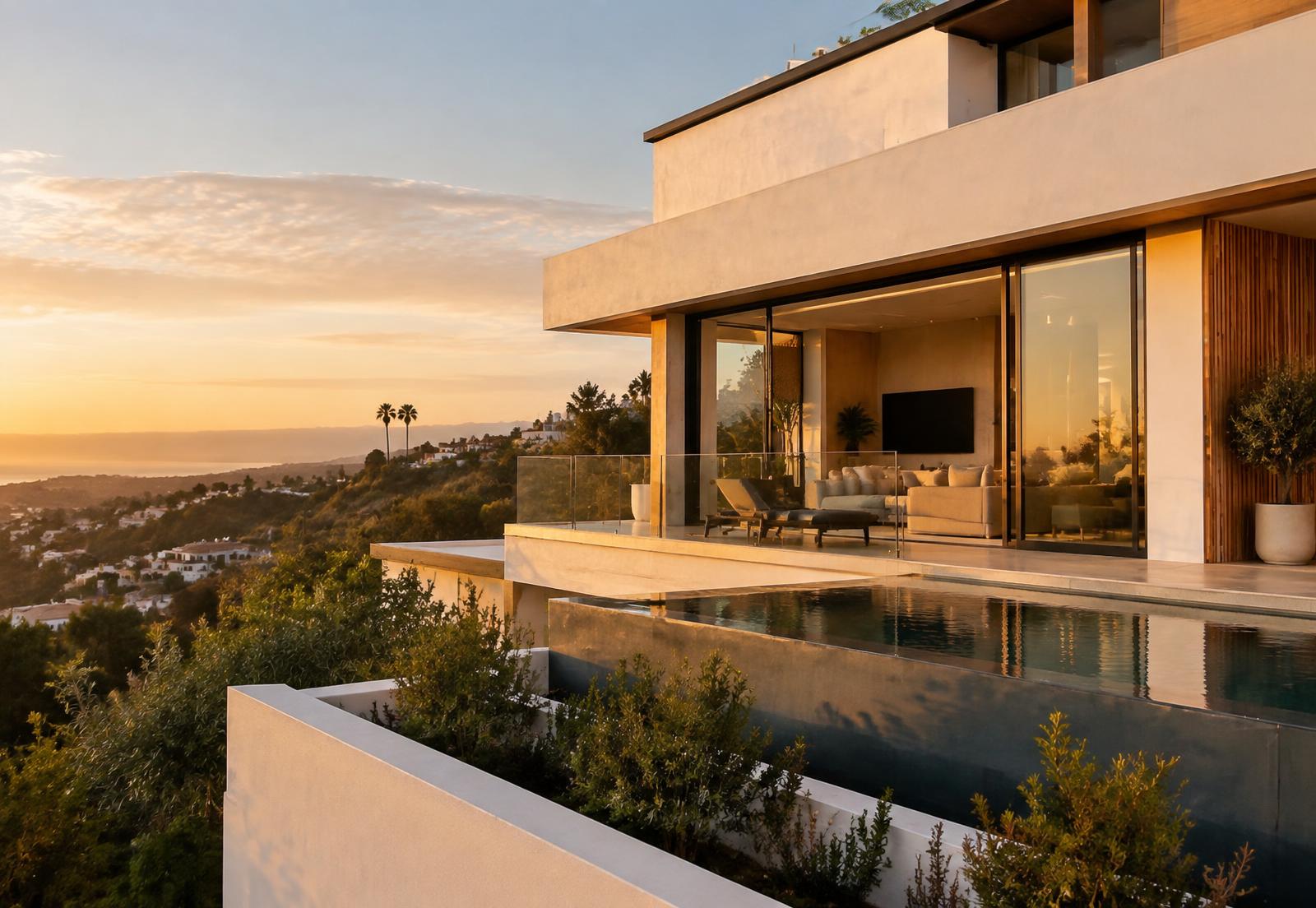 Modern Southern California home at sunset